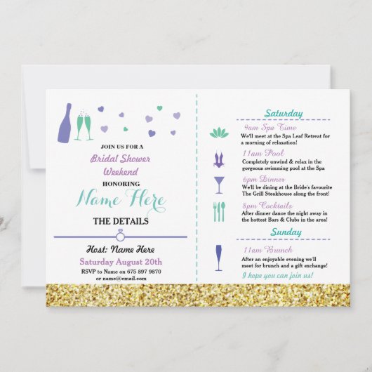 ブライダルシャワーの旅程のハートの紫色の金ゴールドの招待 招待状 (正面)