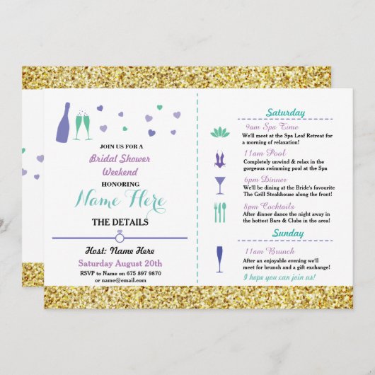 ブライダルシャワーの旅程のハートの紫色の金ゴールドの招待 招待状 (正面/裏面)