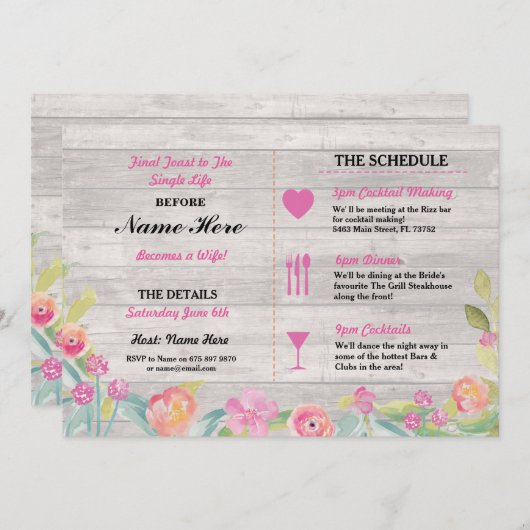 ブライダルシャワーの旅程の素朴な夕食のバチェロレッテ プログラム (正面/裏面)