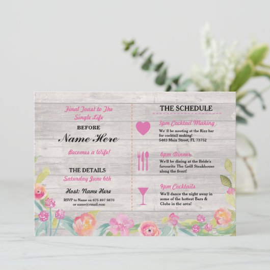 ブライダルシャワーの旅程の素朴な夕食のバチェロレッテ プログラム (スタンド正面)