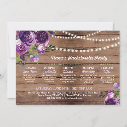 ブライダルシャワーの旅程の紫色の花ライト 招待状 (正面)