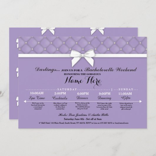 ブライダルシャワーの旅程の薄紫のバチェロレッテの招待 プログラム (正面/裏面)