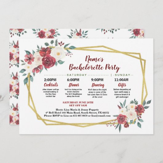 ブライダルシャワーの旅程の金ゴールドの花の赤い及びクリーム色 招待状 (正面/裏面)