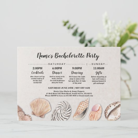 ブライダルシャワーの旅程は海のビーチ結婚式を殻から取り出します 招待状 (スタンド正面)