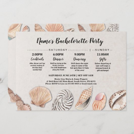 ブライダルシャワーの旅程は海のビーチ結婚式を殻から取り出します 招待状 (正面/裏面)