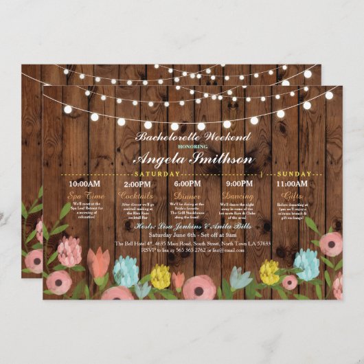 ブライダルシャワーの木製の花の旅程のバチェロレッテ 招待状 (正面/裏面)
