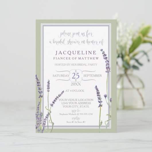 ブライダルシャワーの水彩画のフランスのなラベンダーの花 招待状 (スタンド正面)