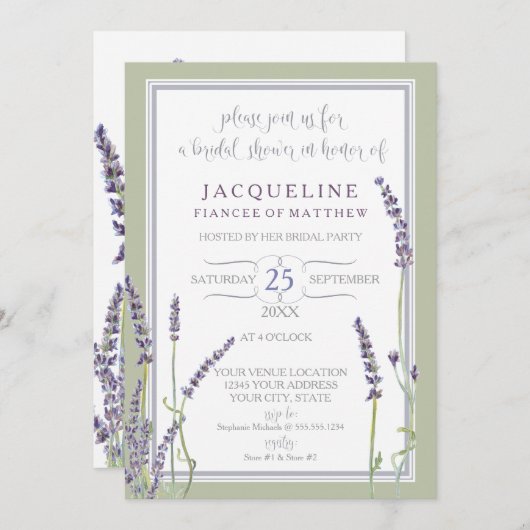 ブライダルシャワーの水彩画のフランスのなラベンダーの花 招待状 (正面/裏面)