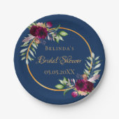 ブライダルシャワーの水色の花模様ブルゴーニュブルー ペーパープレート (正面)
