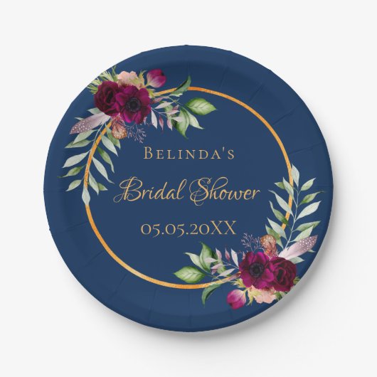 ブライダルシャワーの水色の花模様ブルゴーニュブルー ペーパープレート (正面)