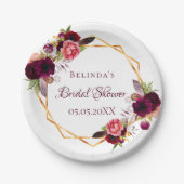 ブライダルシャワーの水色の花模様ブルゴーニュ ペーパープレート (正面)