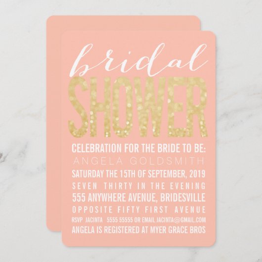 ブライダルシャワーの珊瑚の金ゴールドのグリッターのタイポグラフィ 招待状 (正面/裏面)