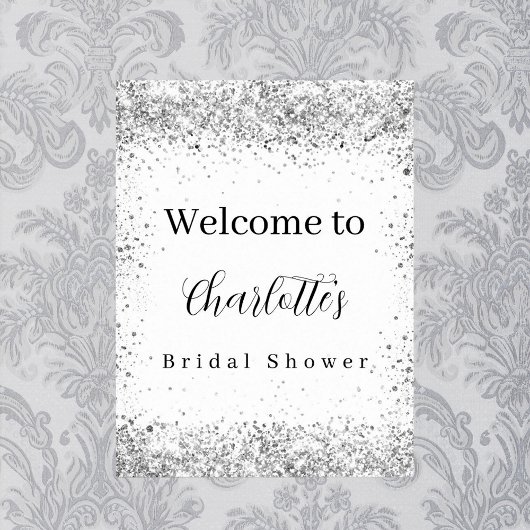 ブライダルシャワーの白と銀のグリッター文字のウェルカムメッセージ ポスター