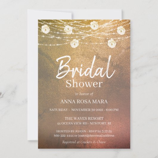 *~*ブライダルシャワーの白素朴いバラ色のストリングライト 招待状 (正面)