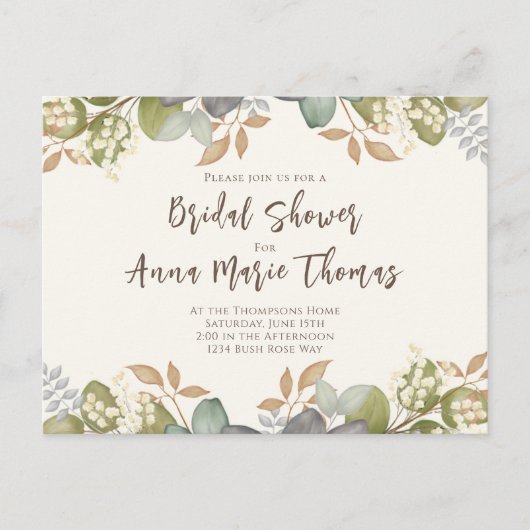 ブライダルシャワーの秋の落ち葉 ウェディングドレス エレガント ポストカード (正面)