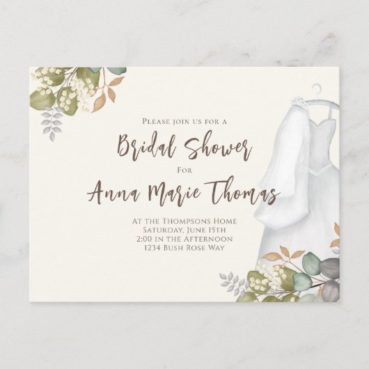 ブライダルシャワーの秋の落ち葉 ウェディングドレス エレガント ポストカード (正面)