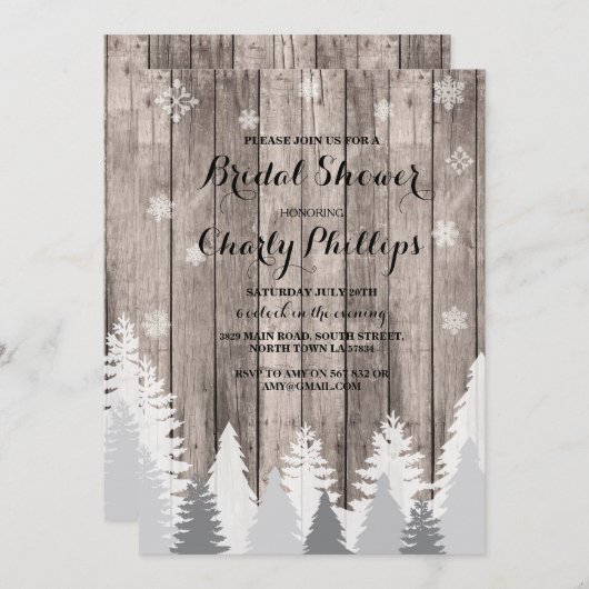 ブライダルシャワーの素朴な冬の森林木の招待 招待状 (正面/裏面)
