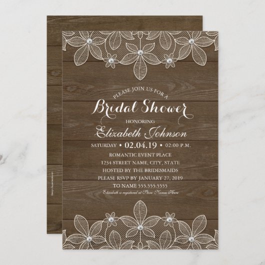 ブライダルシャワーの素朴な木製のレースのエレガントな国 招待状 (正面/裏面)
