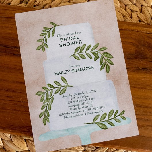 ブライダルシャワーの結婚水彩色のケーキと緑 招待状