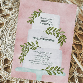 ブライダルシャワーの結婚水彩色のケーキと緑 招待状