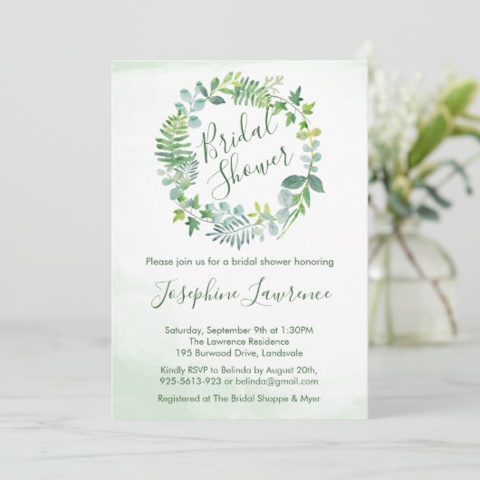 ブライダルシャワーの緑の葉の水色 招待状 (スタンド正面)