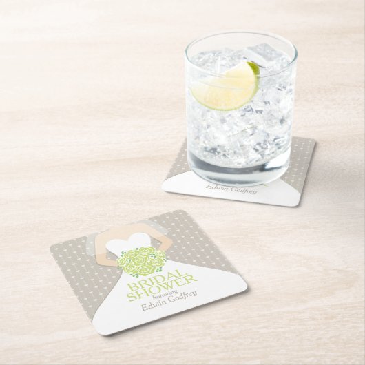 ブライダルシャワーの緑バラの白い服のカスタム スクエアペーパーコースター (インサイチュ)