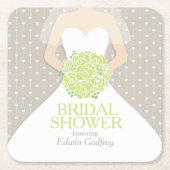 ブライダルシャワーの緑バラの白い服のカスタム スクエアペーパーコースター (正面)