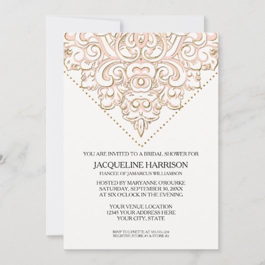 ブライダルシャワーの美しいレースルックダマスクウェディング 招待状 (正面)