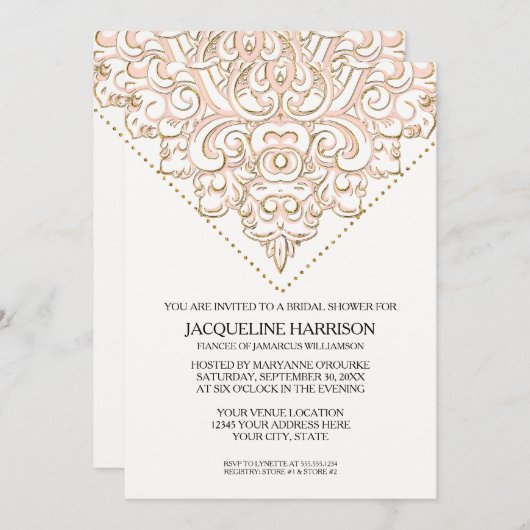 ブライダルシャワーの美しいレースルックダマスクウェディング 招待状 (正面/裏面)
