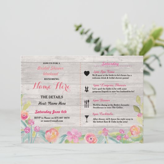 ブライダルシャワーの花のピンクの旅程の招待 招待状 (スタンド正面)