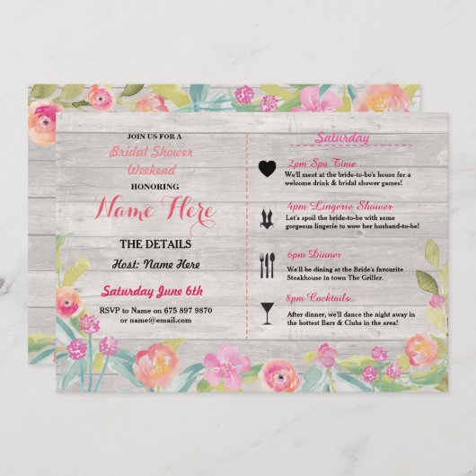 ブライダルシャワーの花のピンクの旅程の招待 招待状 (正面/裏面)