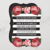 ブライダルシャワーの花の黒い及び白のストライプ 招待状 (正面/裏面)