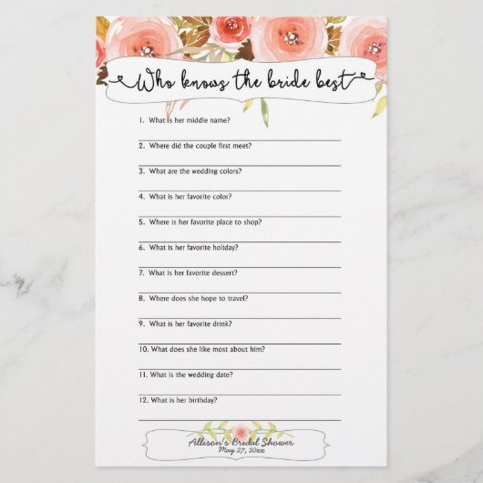 ブライダルシャワーの花嫁を知っている最高の遊び (正面)