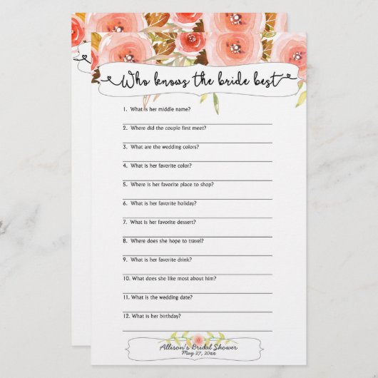 ブライダルシャワーの花嫁を知っている最高の遊び (正面/裏面)