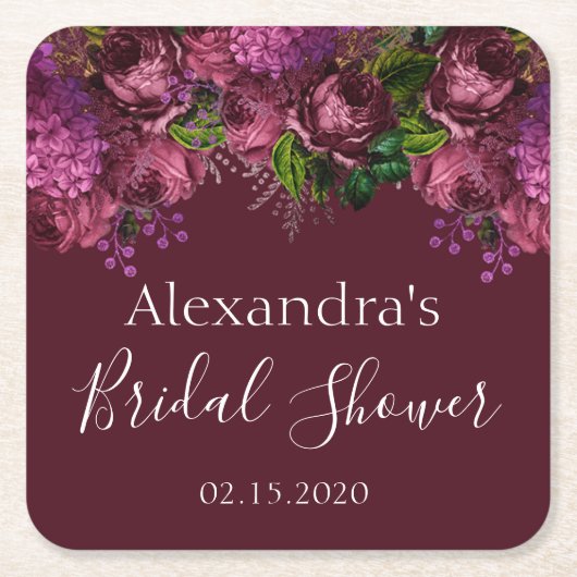 ブライダルシャワーの花束 マースラ ワインレッド スクエアペーパーコースター (正面)