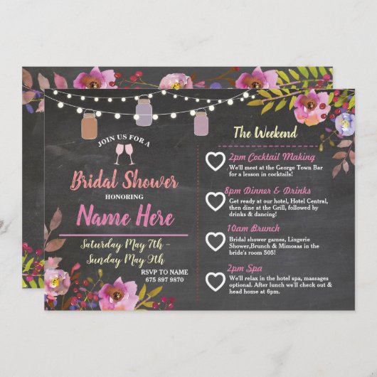 ブライダルシャワーの花柄の瓶のピンクの旅程のチョーク プログラム (正面/裏面)