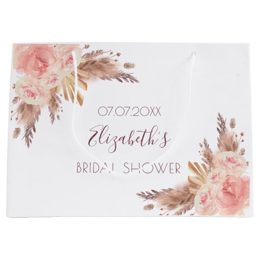 ブライダルシャワーの花飾り フラッシュピンクのパンパスグラスとローズ ラージペーパーバッグ (正面)