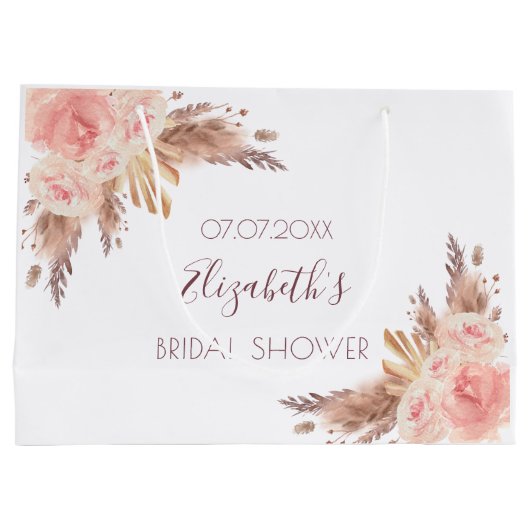 ブライダルシャワーの花飾り フラッシュピンクのパンパスグラスとローズ ラージペーパーバッグ (裏面)