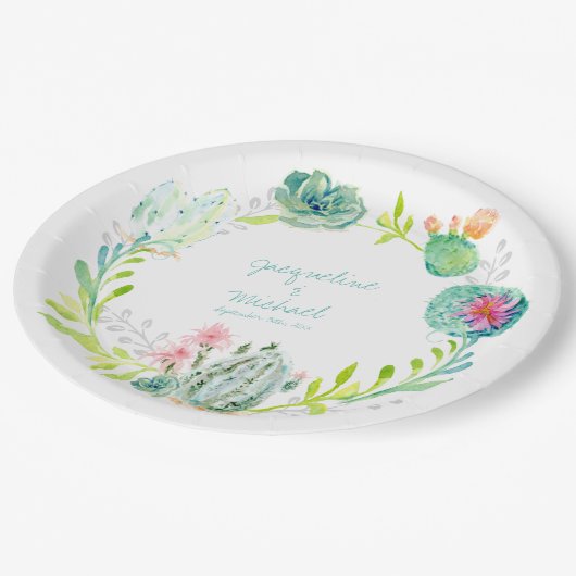 ブライダルシャワーの装飾のサボテンの水気が多い花の砂漠 ペーパープレート (アングル)