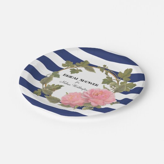 ブライダルシャワーの装飾の金ゴールドの広くストライプのなシャクヤクのリース ペーパープレート (アングル)