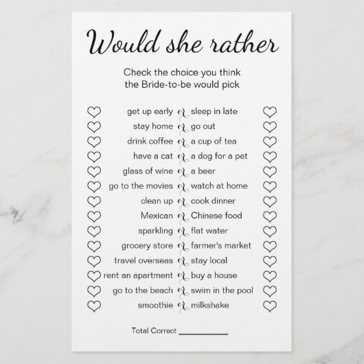 ブライダルシャワーの試合は彼女はむしろカード チラシ (正面)