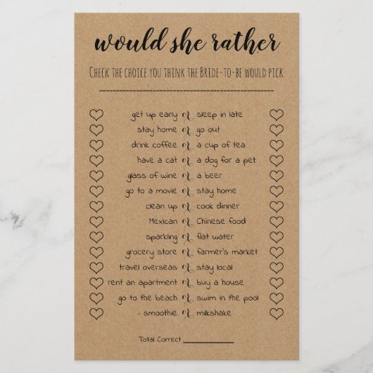 ブライダルシャワーの試合は彼女はむしろカード チラシ (正面)