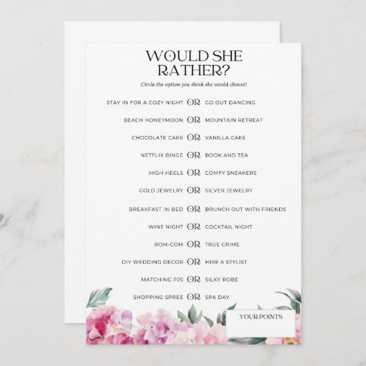 ブライダルシャワーの試合は彼女はむしろピンクのフローラ' 招待状 (正面/裏面)