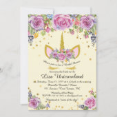 ブライダルシャワーの賞賛、ユニコーン、アイボリー、花 招待状 (正面)
