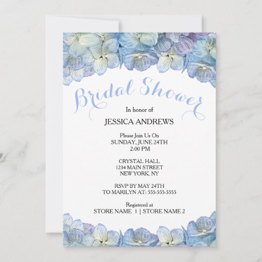 ブライダルシャワーの青いアジサイの水彩画の花柄 招待状 (正面)