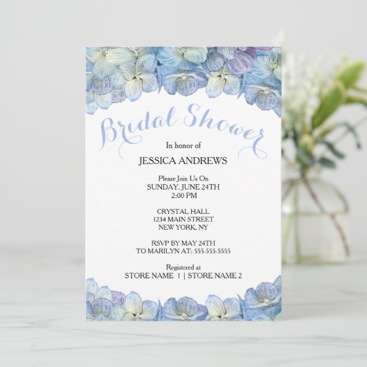 ブライダルシャワーの青いアジサイの水彩画の花柄 招待状 (スタンド正面)