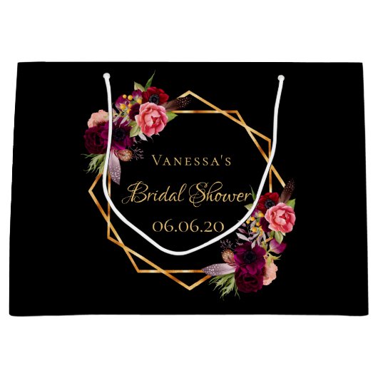 ブライダルシャワーの黒の花束 ワインレッド ラージペーパーバッグ (正面)