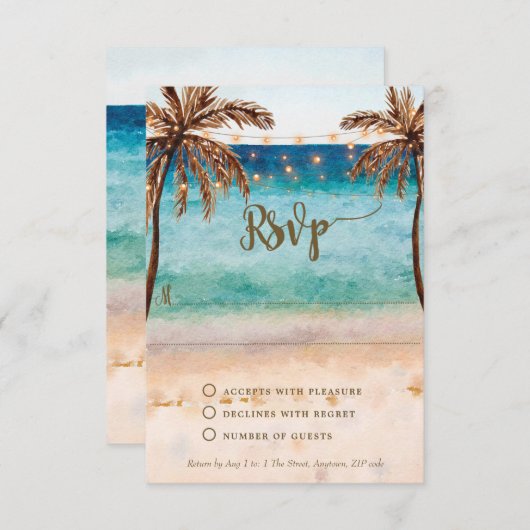 ブライダルシャワーのrsvpカードを結婚するbohoのビーチの砂 出欠カード (正面/裏面)
