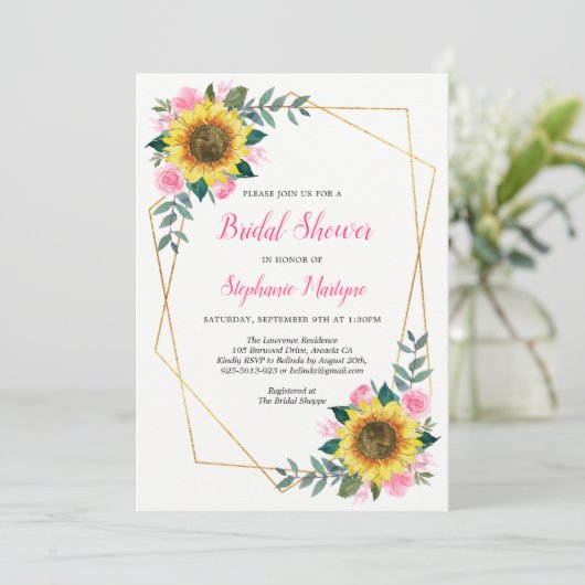 ブライダルシャワーひまわり幾何学模様フローラピンク 招待状 (スタンド正面)