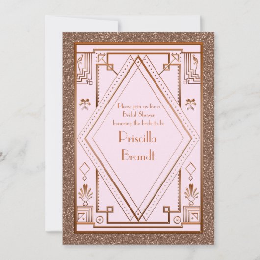 ブライダルシャワーへの招待，素晴らしギャツビー，グリッターピンク 招待状 (正面)